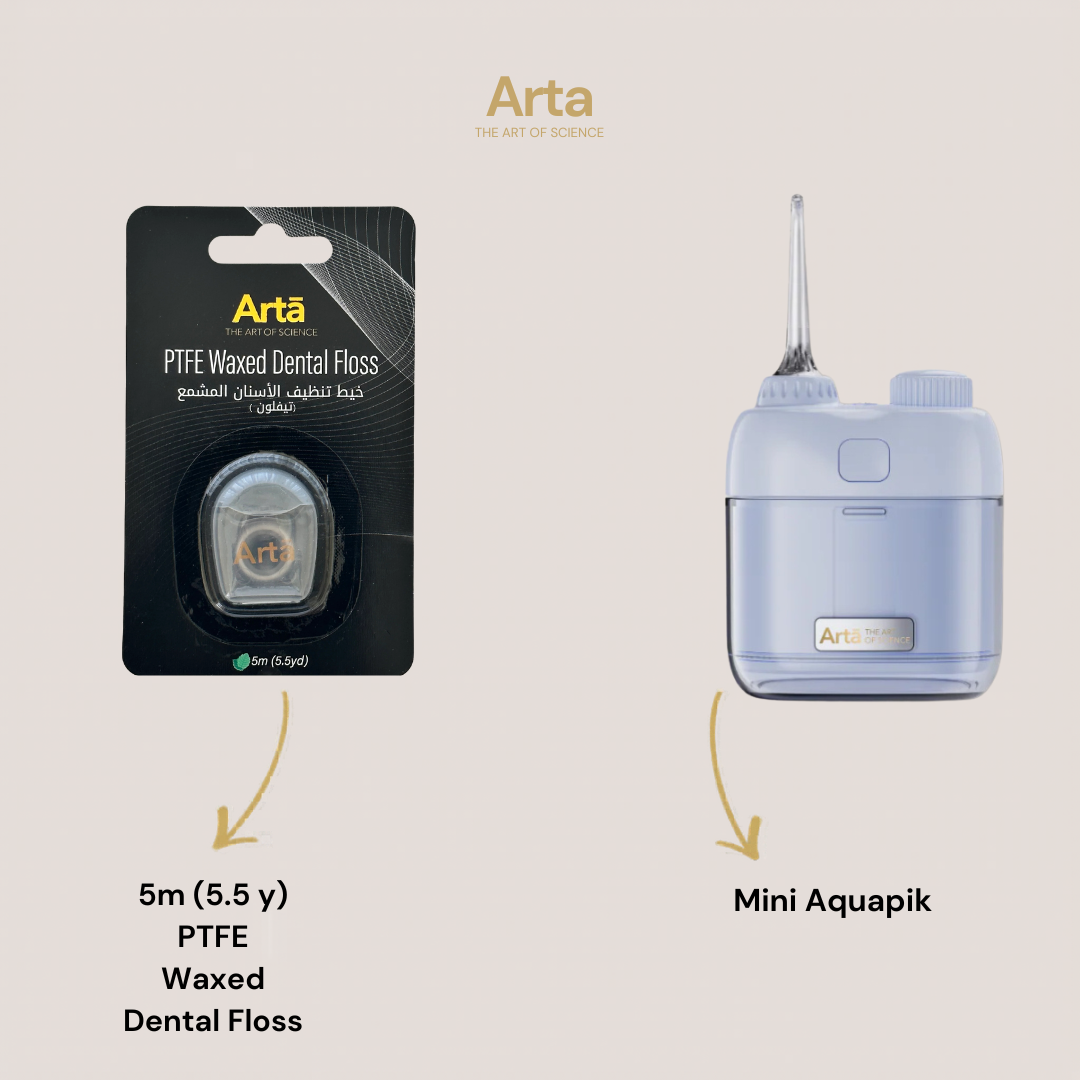 Arta dental floss and Mini Aquapik on a beige background
خيط أسنان أرتا وMini Aquapik على خلفية بيج