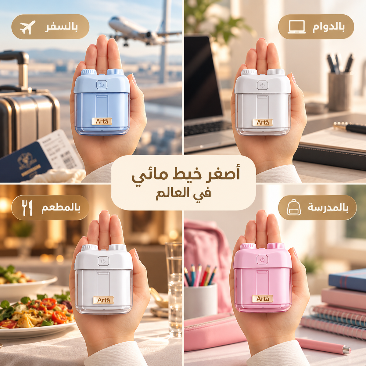 A four-panel promotional collage showing a handheld compact travel device in different colors: light blue, white, white, and pink. Each panel shows a hand holding the device in a real-world setting, with Arabic text labels indicating travel scenarios such as by air, by land, by sea, and by road.