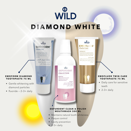 WILD Emoform Diamond whitening toothpaste, Depurdent Clean & Polish mouthwash, and Emofluor Twin Care toothpaste for plaque control, enamel protection, sensitivity relief and gentle diamond whitening.

معجون الأسنان WILD Emoform Diamond للتبييض، وغسول الفم Depurdent Clean & Polish، ومعجون Emofluor Twin Care للتحكم بالبلاك، حماية مينا الأسنان، تقليل الحساسية وتبييض لطيف بجزيئات الألماس.