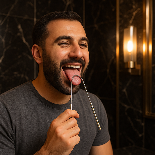 Man using Arta stainless steel tongue scraper for fresh breath and oral hygiene | رجل يستخدم كاشط اللسان الفولاذي من آرتا لصحة الفم والنَفَس المنعش