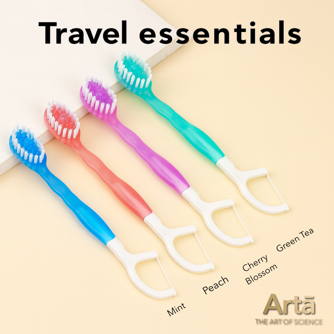Arta Pickatooth travel essentials set featuring four 5-in-1 disposable toothbrushes in mint, peach, cherry blossom, and green tea flavors. Includes soft bristles, built-in dental floss, and ergonomic design for convenient on-the-go oral care


مجموعة آرتا بيكاتوث المخصصة للسفر، تضم أربع فراشي 5 في 1 بنكهات النعناع، الخوخ، زهرة الكرز، والشاي الأخضر. تحتوي على شعيرات ناعمة وخيط أسنان وتصميم مريح للعناية الفموية أثناء التنقّل