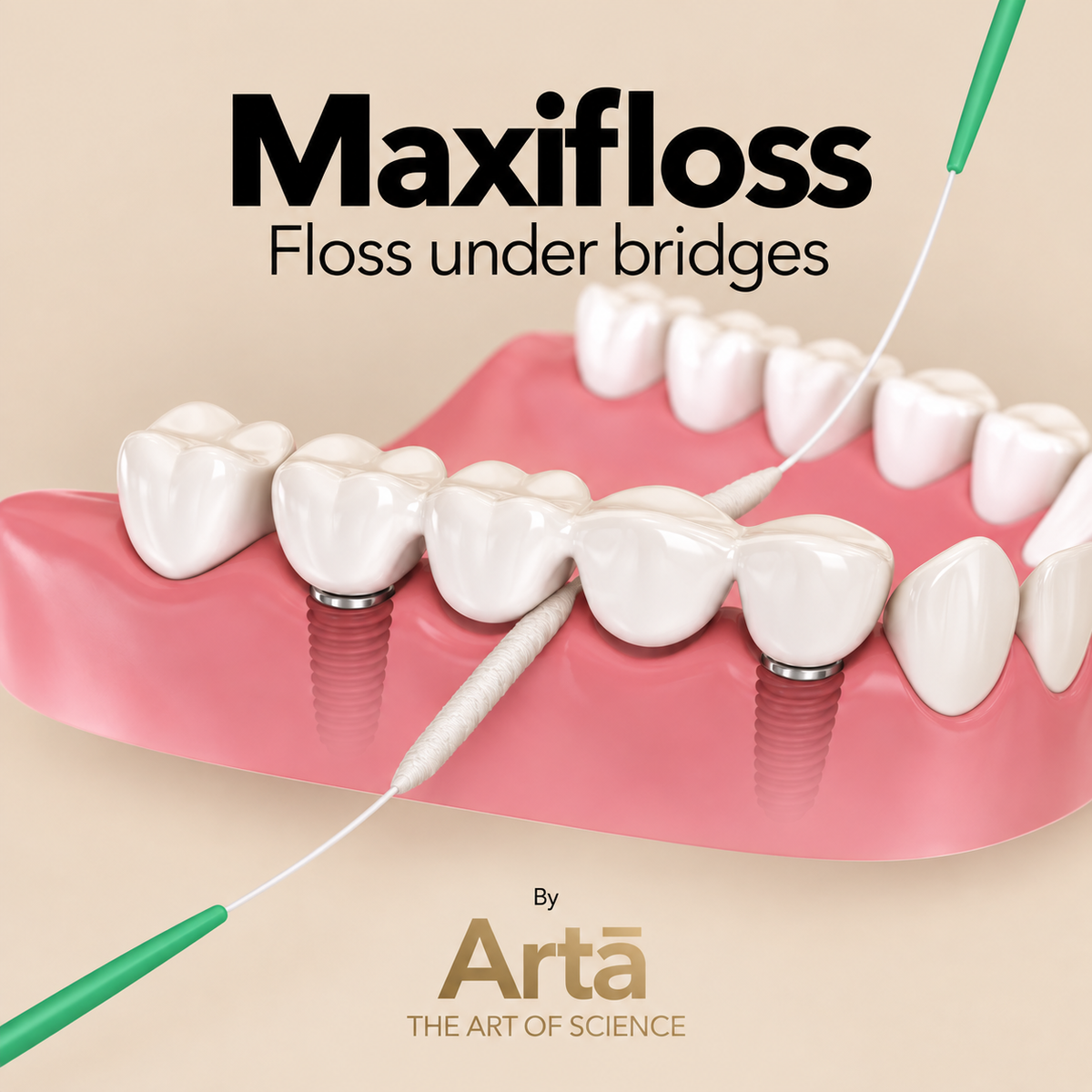 Artā MaxiFloss dental floss for cleaning difficult-to-reach areas, including under braces, dental bridges, implants, and wide gaps between teeth.

خيط الأسنان MaxiFloss من آرتا لتنظيف الأماكن التي يصعب الوصول إليها، بما فيها تحت تقويم الأسنان والجسور وزراعات الأسنان والفراغات الواسعة بين الأسنان