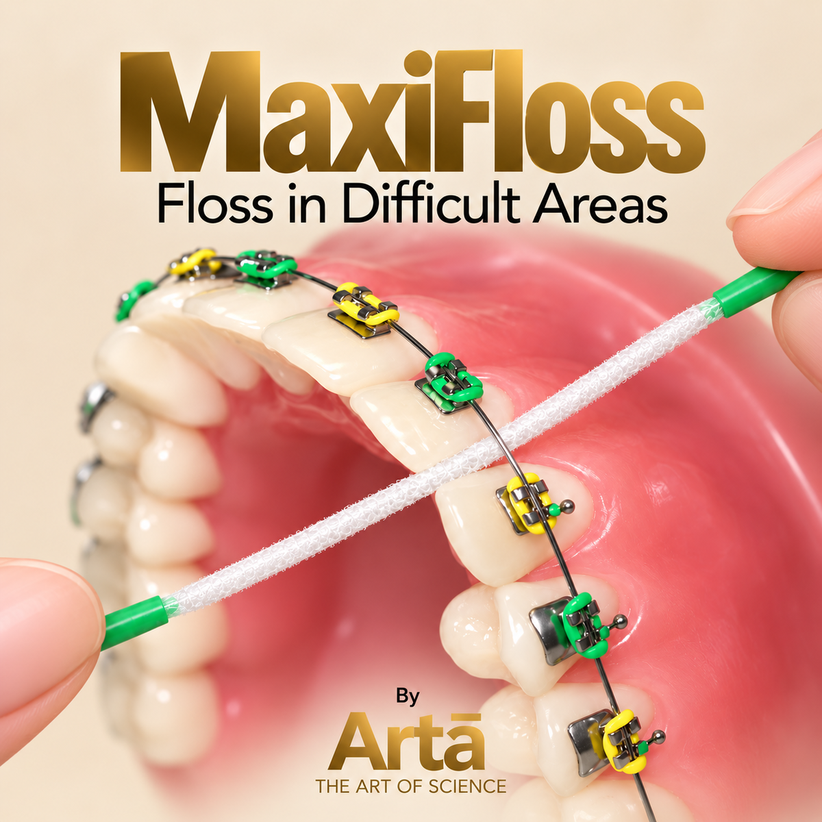 Artā MaxiFloss dental floss for cleaning difficult-to-reach areas, including under braces, dental bridges, implants, and wide gaps between teeth.

خيط الأسنان MaxiFloss من آرتا لتنظيف الأماكن التي يصعب الوصول إليها، بما فيها تحت تقويم الأسنان والجسور وزراعات الأسنان والفراغات الواسعة بين الأسنان