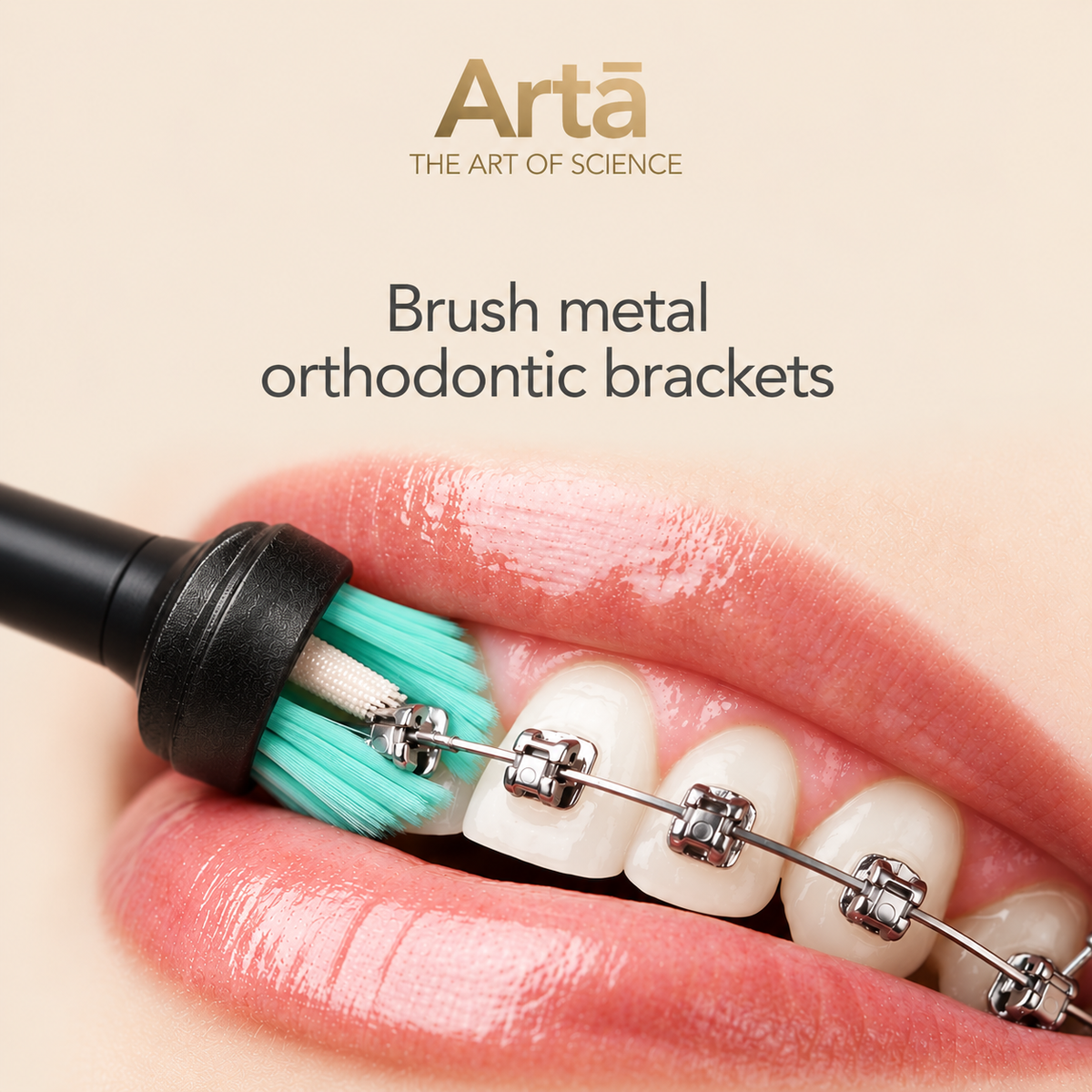 Arta toothbrush with turquoise bristles cleaning around metal orthodontic brackets and braces, designed to reach difficult areas around brackets and wires.


فرشاة أسنان آرتا بشعيرات فيروزية لتنظيف حاصرات التقويم المعدني، مصممة للوصول إلى المناطق الصعبة حول الحاصرات وأسلاك التقويم