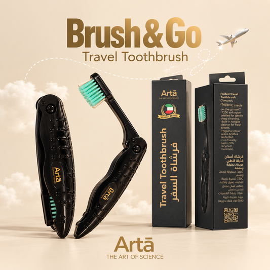 Arta Brush & Go foldable travel toothbrush in black with turquoise soft bristles, shown open and folded beside its compact packaging, designed for convenient oral care while traveling.

فرشاة أسنان آرتا Brush & Go القابلة للطي للسفر باللون الأسود وشعيرات فيروزية ناعمة، تظهر مفتوحة ومطوية بجانب عبوتها المدمجة للعناية بالأسنان أثناء السفر