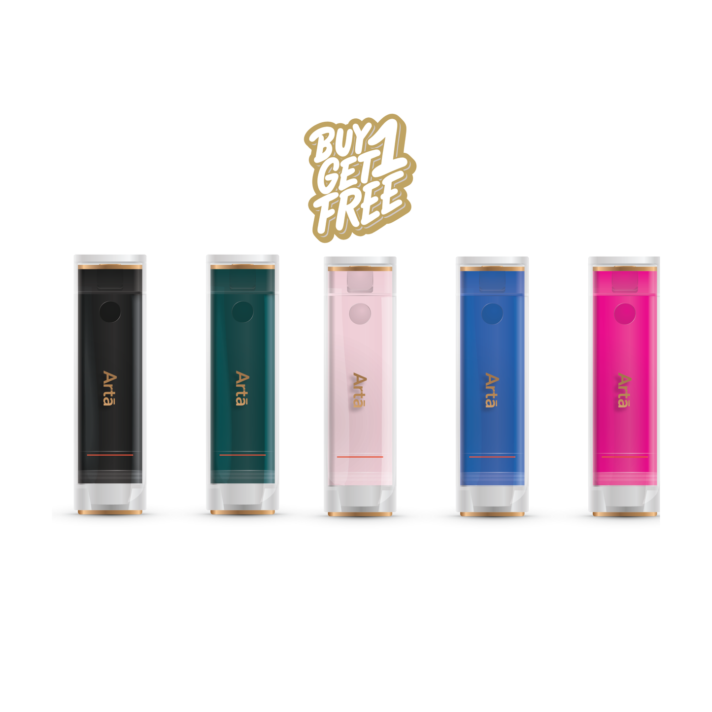 Promotional image of five Arta spray devices in different colors with a “Buy 1 Get 1 Free” offer on a light gray background.

صورة ترويجية لخمسة أجهزة بخاخ من آرتا بألوان مختلفة مع عرض «اشترِ واحدًا واحصل على الآخر مجانًا» على خلفية رمادية فاتحة.