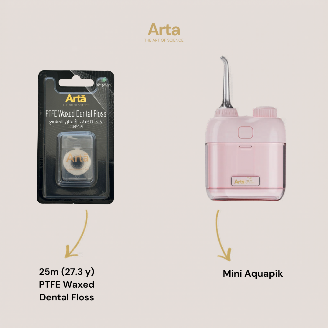Artá dental floss and Mini Aquapik on a beige background
خيط أسنان أرتا وMini Aquapik على خلفية بيج
