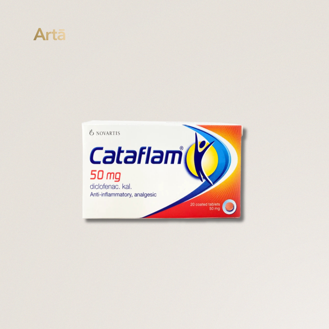 Cataflam medication packaging on a light gray background