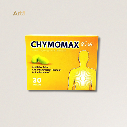 Yellow box of Chymomax Forte on a light gray background
