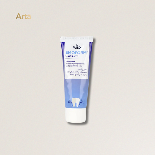 Toothpaste tube labeled 'EMOFORM Gum Care' by Wild on a light gray background