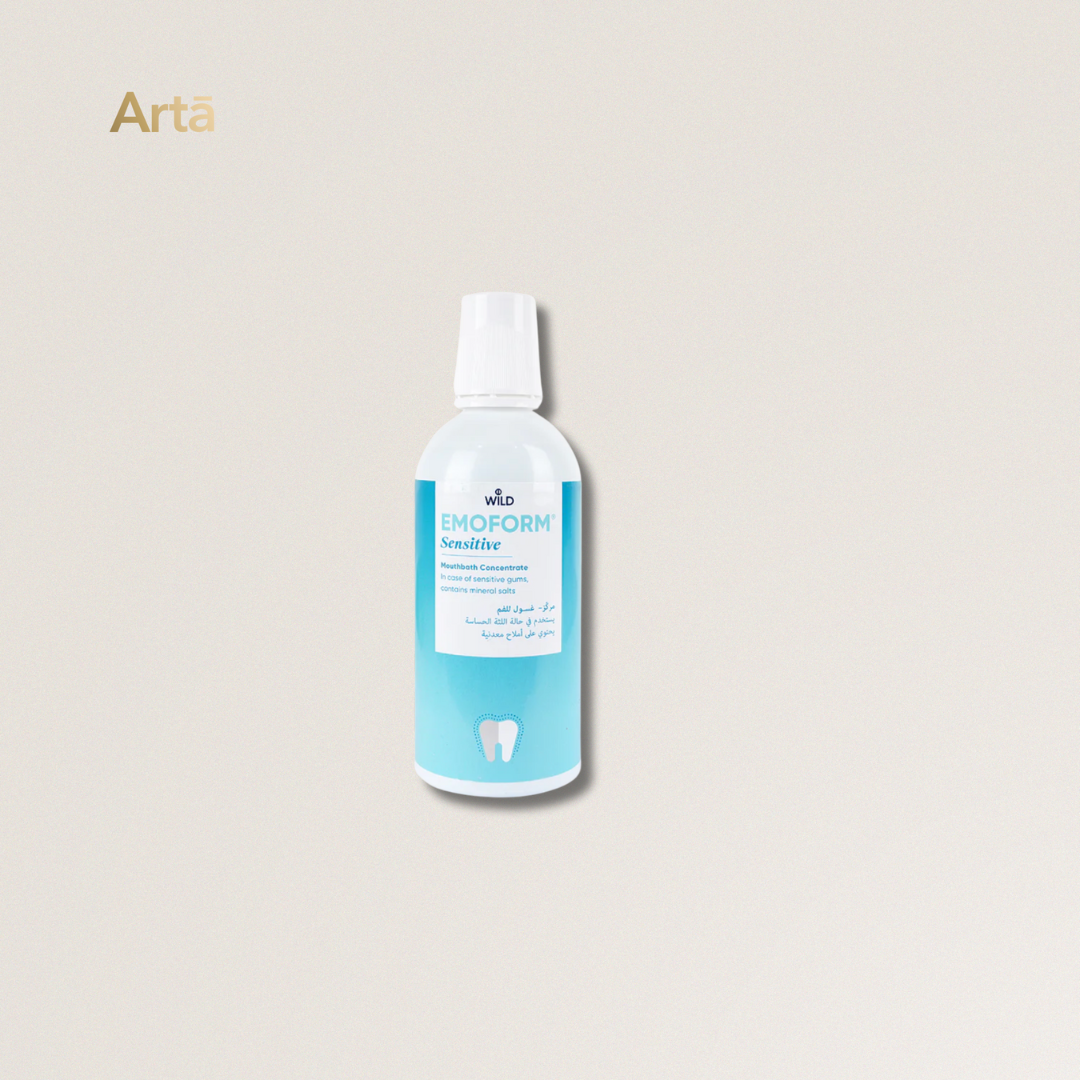Bottle of Emoform Sensitive dental product on a light beige background with 'Arta' branding.
