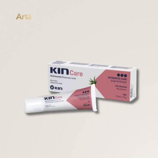 Kin Care oral mucosa moisturizer crème packaging on a beige background