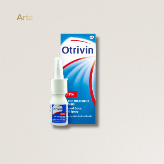 Otrivin nasal spray bottle and packaging on a light gray background