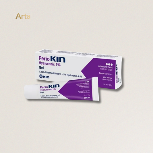 Perio Kin Hyaluronic 1% gel packaging on a light gray background