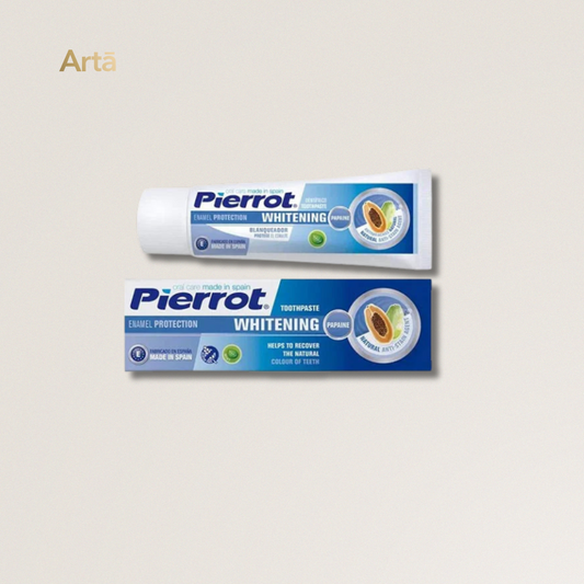 Two tubes of Pierrot Whitening toothpaste on a light beige background