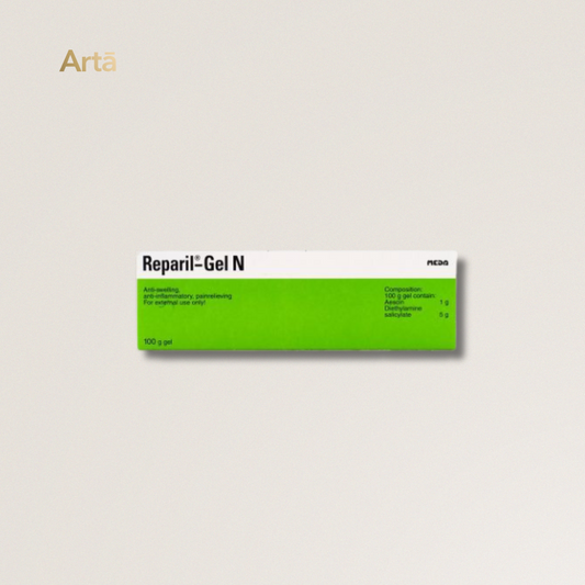 Green box labeled 'Reparil-Gel N' on a light gray background with 'Arta' branding.