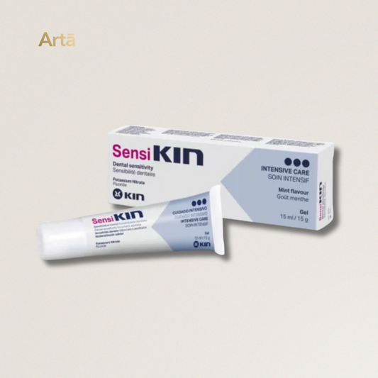 Sensi-Kin dental care product packaging on a light beige background